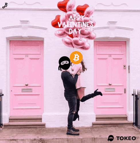 Man Holding Woman With Heart Balloons Happy Valentine's Day