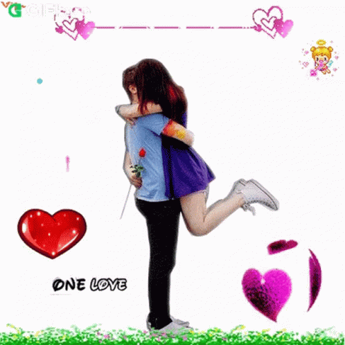 Man Holding Woman With Hearts and One Love