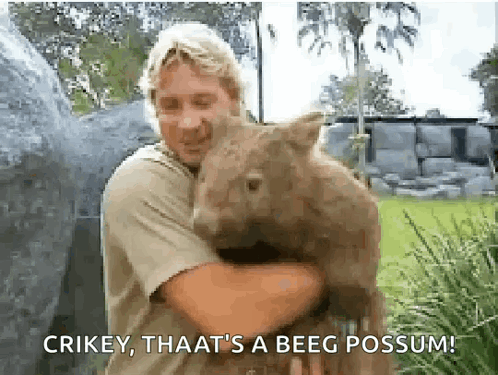 Man Holding Wombat Saying Crikey That's a Beeg Possum