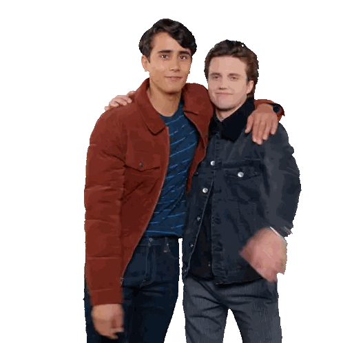 Man Hugging Man in Brown and Denim Jackets