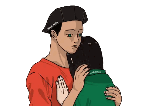 Man Hugging Woman in Starbucks Shirt