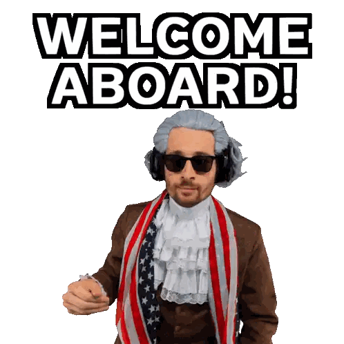 Man in American Flag Costume Saying Welcome Aboard