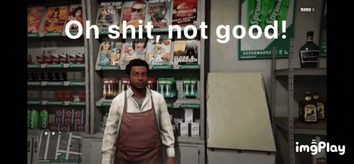 Man in Apron in Front of Magazines With Oh Shit Not Good