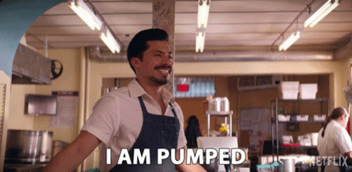 Man In Apron Smiling Says I Am Pumped GIF