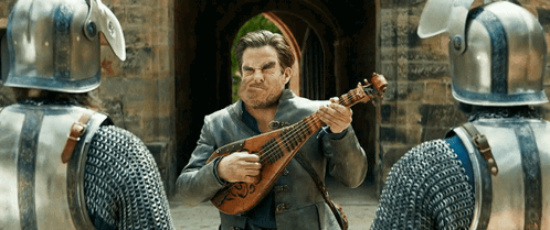 Man in Armor Playing Instrument in Front of Knights