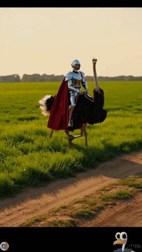 Man in Armor Riding Ostrich on Dirt Road