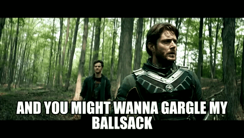 Man in Armor Saying Gargle My Ballsack