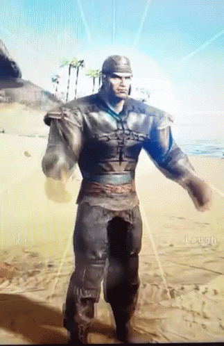 Man In Armor Standing On Sandy Beach GIF