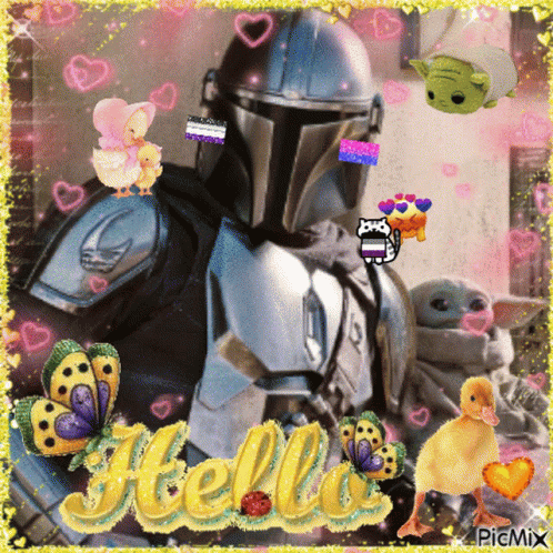 Man in Armor Surrounded by Chicks and Butterflies Hello
