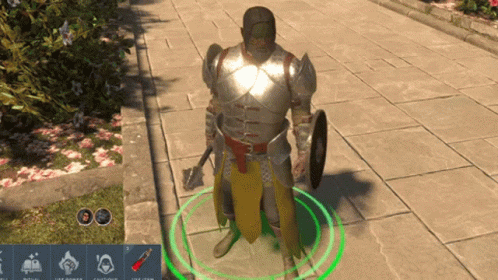 Man In Armor With Shield And Axe On Sidewalk GIF