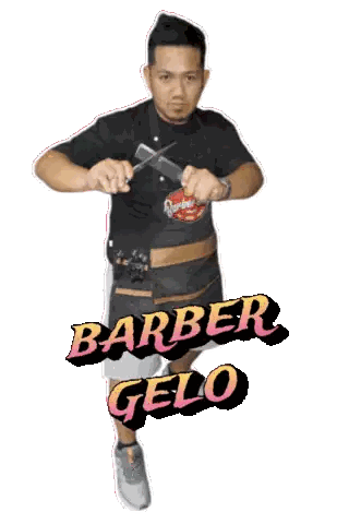Man in Barber Apron Holding Scissors
