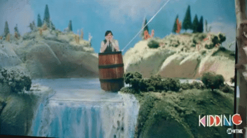Man In Barrel Over Waterfall Kidding Showtime GIF