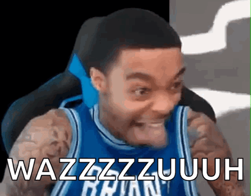 Man in Basketball Jersey Making Funny Face Saying Wazzzzzzuuh