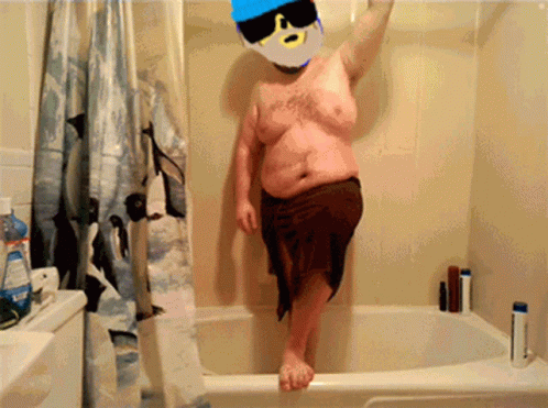 Man In Bathtub With Penguin Shower Curtain GIF