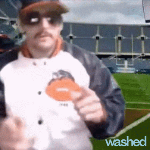 Man in Bears Jacket Sunglasses Stadium Saying Washed