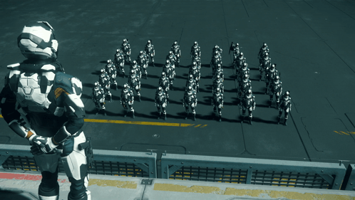 Man in Black and White Suit Before Soldiers in White