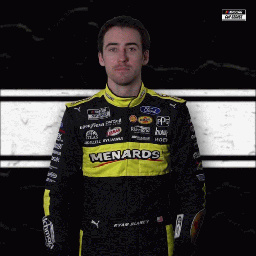 Man In Black And Yellow Menards Racing Suit GIF