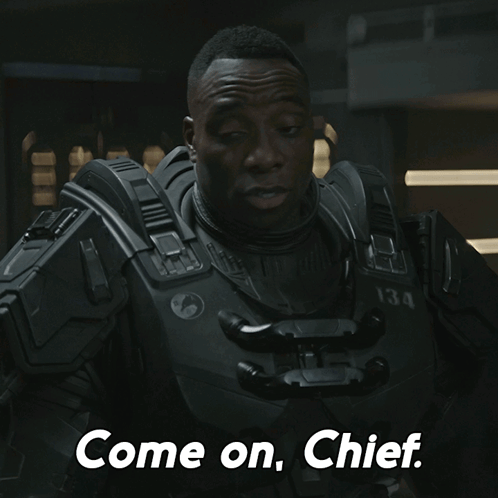 Man In Black Armor Says Come On Chief GIF
