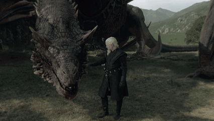 Man In Black Coat Standing Next To Dragon GIF