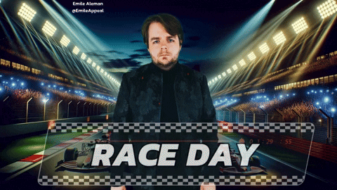 Man in Black Jacket at Race Day Sign