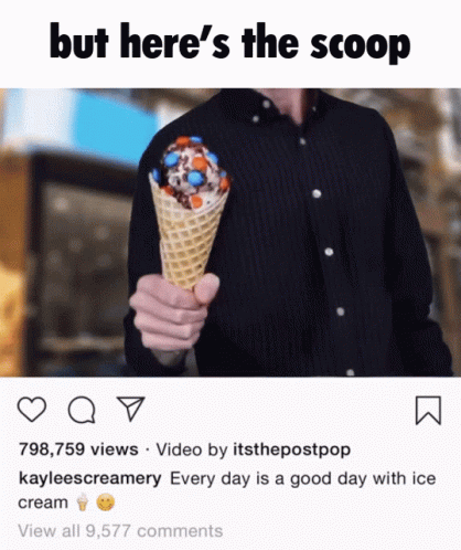 Man in Black Shirt Holding Ice Cream Saying But Here's the Scoop
