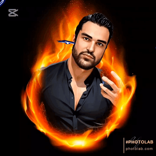Man in Black Shirt Surrounded by Flames Photolab