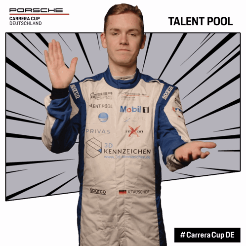 Man in Blue and White Porsche Racing Suit