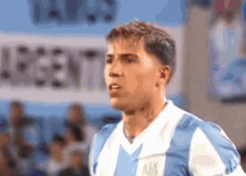 Man in Blue and White Striped Shirt in Front of Argentina Banner
