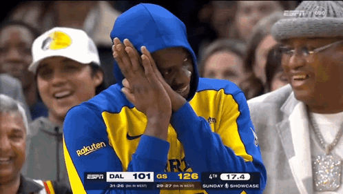 Man in Blue and Yellow Hoodie with Rakuten