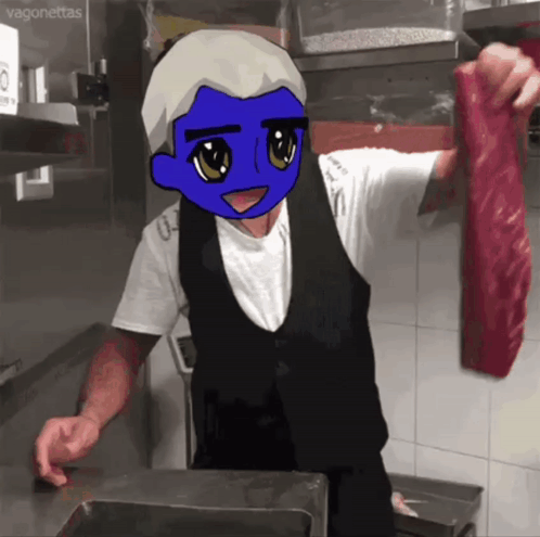 Man in Blue Apron Holding Plate Saying Butcher