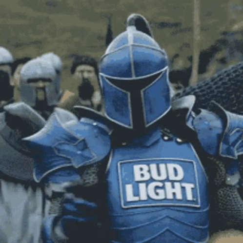 Man in Blue Armor with Bud Light Patch
