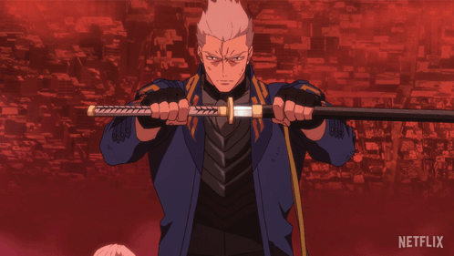Man in Blue Coat Holding Sword with Netflix Logo