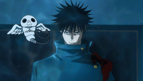 Man In Blue Coat Next To Skeleton With Wings GIF