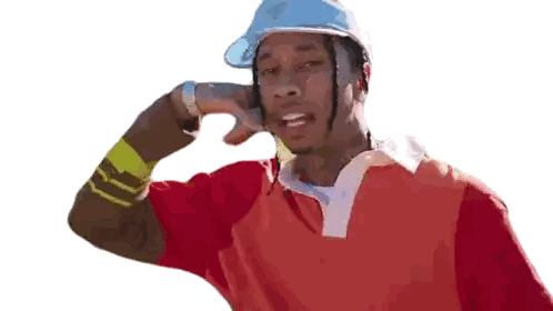 Man in Blue Hat and Red Shirt
