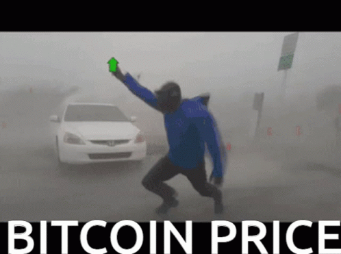 Man in Blue Jacket Holding Green Arrow Bitcoin Price