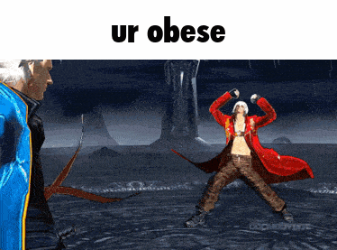 Man in Blue Jacket Next to Woman in Red Coat Saying Ur Obese