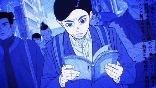 Man in Blue Jacket Reading Foreign Language Book