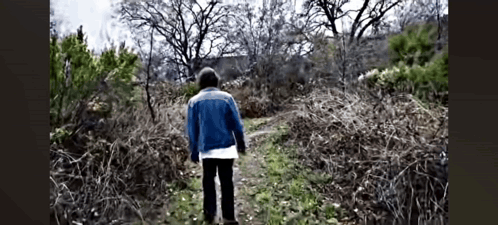 Man In Blue Jacket Walking Down Dirt Path In Woods GIF
