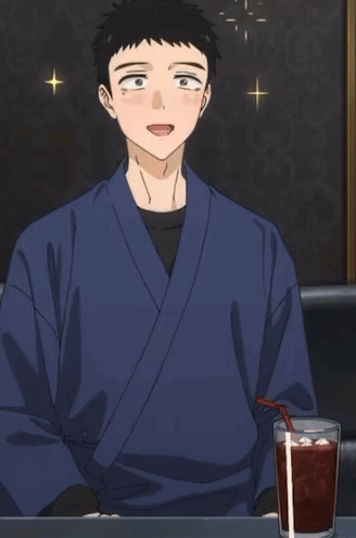 Man In Blue Kimono With Iced Tea GIF