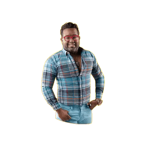 Man in Blue Plaid Shirt and Red Glasses with Chest Tattoo
