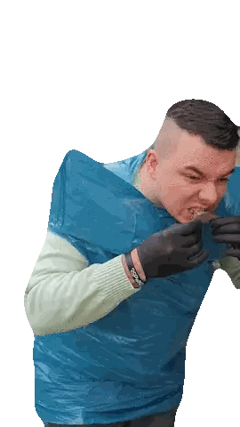 Man in Blue Plastic Bag and Black Gloves