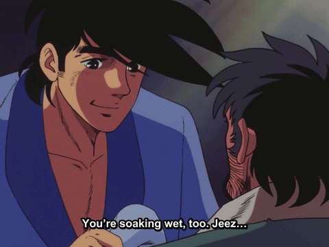 Man in Blue Robe Saying You're Soaking Wet Too Jeez