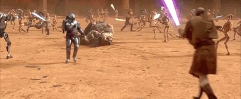 Man in Blue Robe Standing Next to Storm Trooper