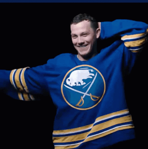 Man In Blue Sabres Jersey Smiling GIF