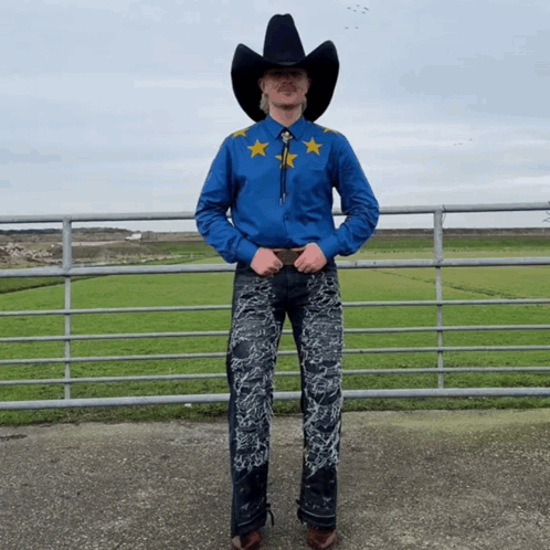 Man in Blue Shirt and Black Cowboy Hat