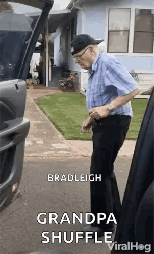 Man In Blue Shirt And Black Pants Next To Car GIF