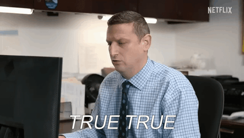 Man In Blue Shirt And Tie At Computer True True GIF