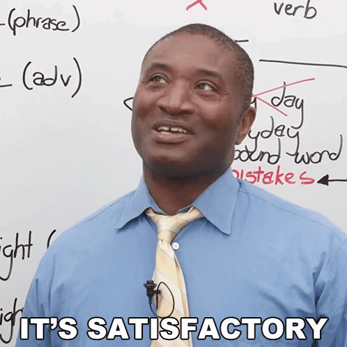 Man In Blue Shirt And Tie With Board Saying It's Satisfactory GIF