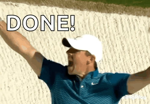 Man in Blue Shirt and White Hat Saying Done