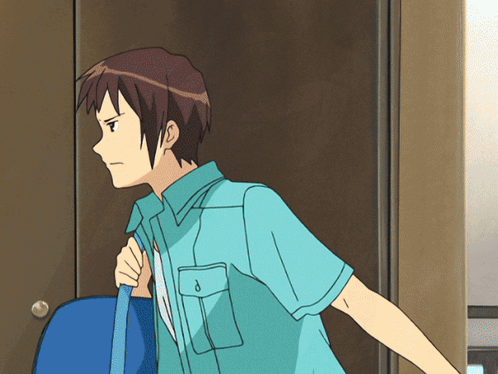 Man In Blue Shirt Holding Blue Bag At Door GIF